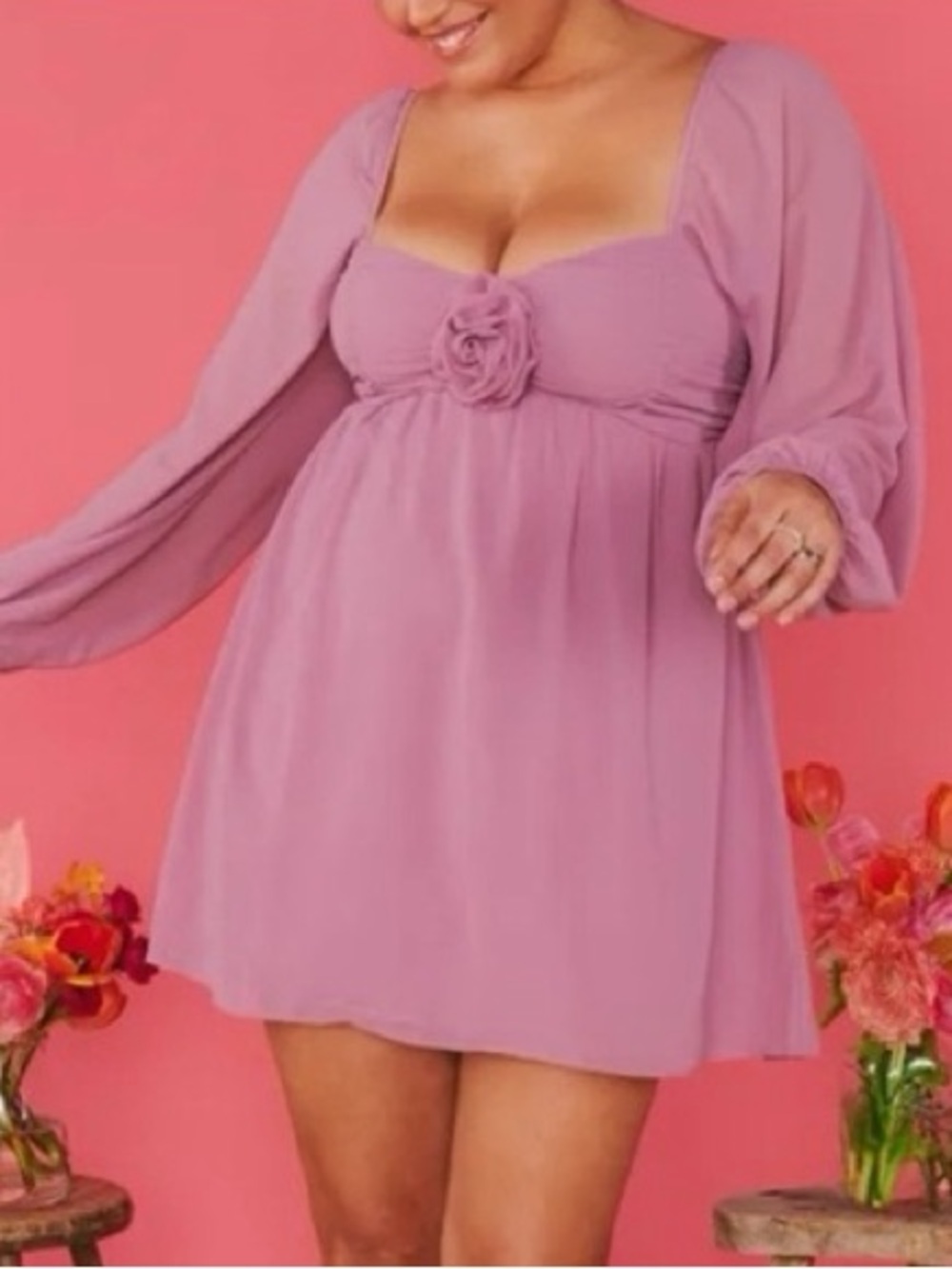 Show Me Your Mumu Mauve Romantic Rosette Babydoll Feminine Mini Dress Size L NWT